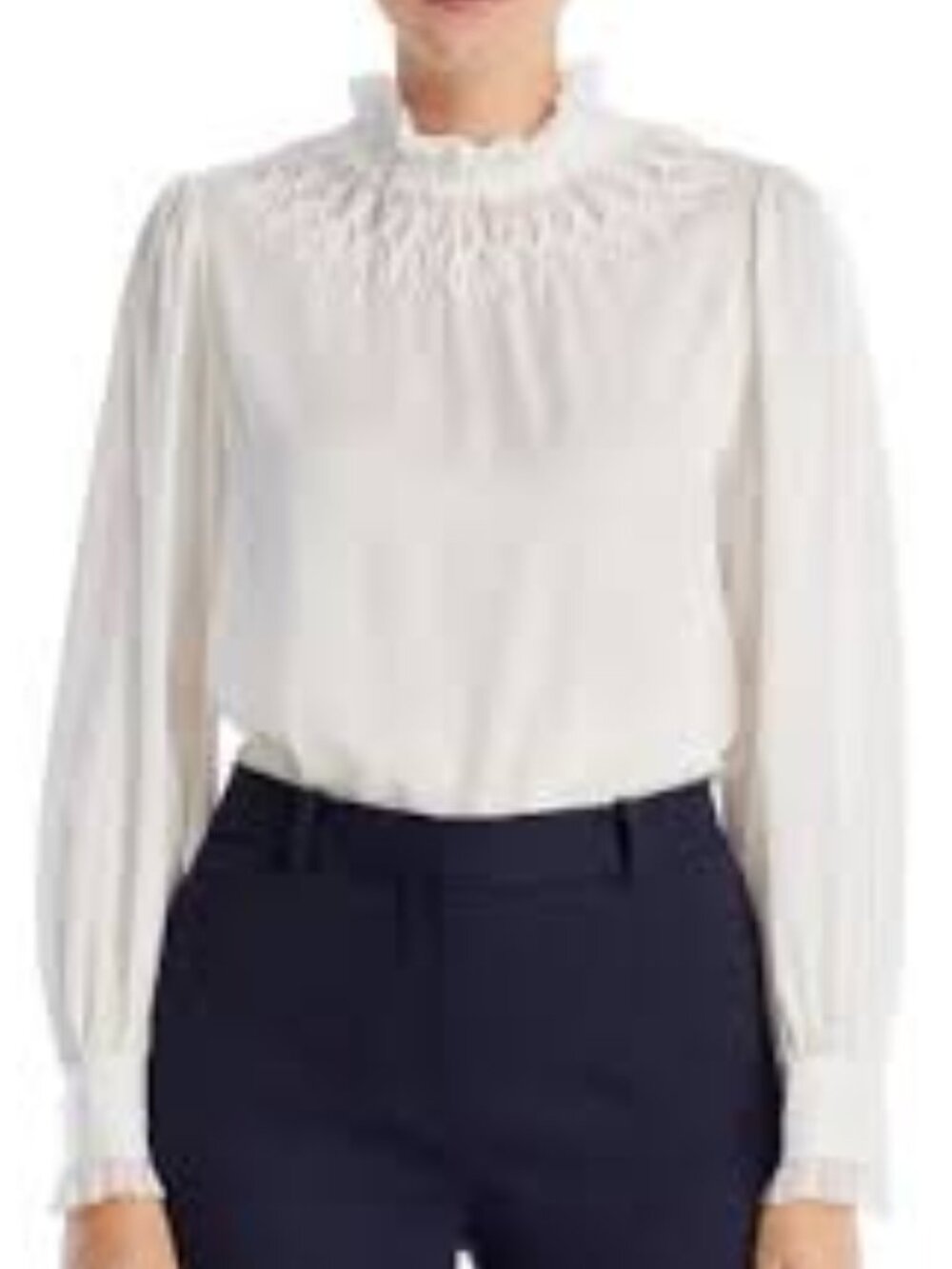 Kobi Halperin Maria Smocked Silk Lace Ruffle Long Sleeve Blouse XS Cream White